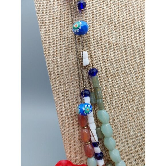 Long Multi Strand Glass Mixed Bead Necklace Dark Gold Tone Chains Colorful 28" - Picture 6 of 7